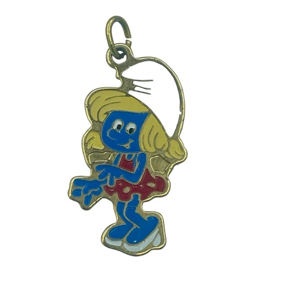 Vintage Jewelry - Vintage 1980 Peyo Smurfs SMURFETTE Gold Tone Metal & Enamel Pendant for Necklace